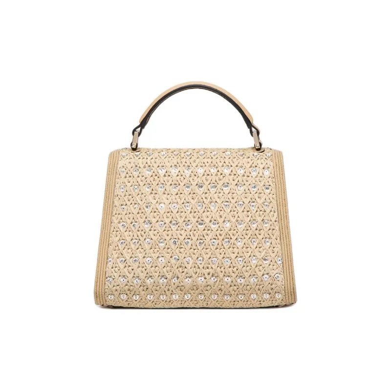 Valentino VSLING Rhinestone Raffia Embroidery Shoulder Bag Crossbody Bag Handbag Women's Beige-3