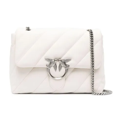 PINKO LOVE Series Calfskin & Metal Portable Crossbody Bag, Shoulder Bag Women's Optical White Color