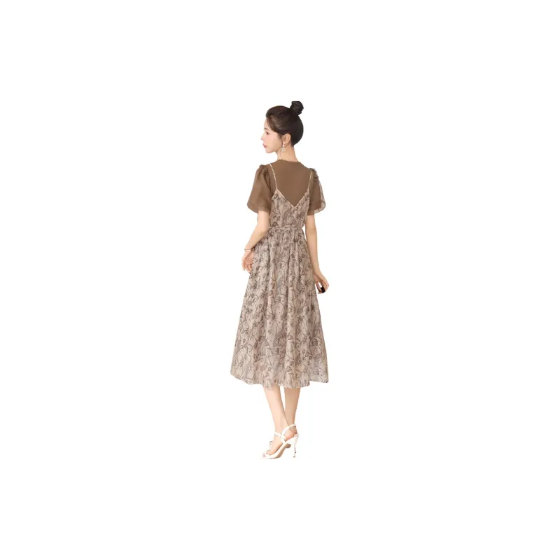 Cypress House Short Sleeved Dress Women's Dark Coffee With Beige And Floral-1
