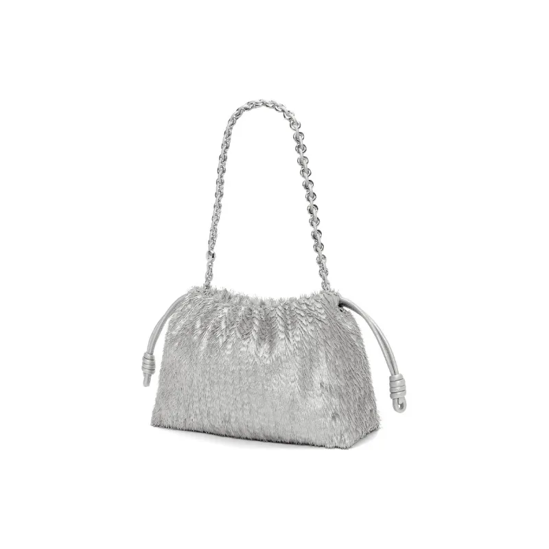 LOEWE Flamenco Calfskin Portable One Shoulder Clutch Women's Silver-3