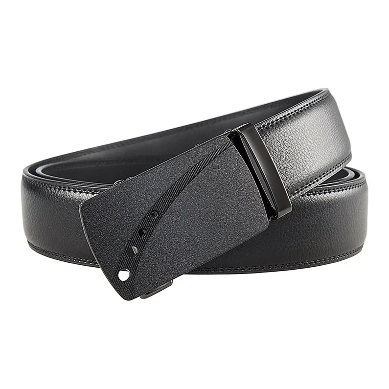 Lanza Individual Cut Out Automatic Buckle Luxe Business Leather Belts Men's Black Width 3.5CM-1