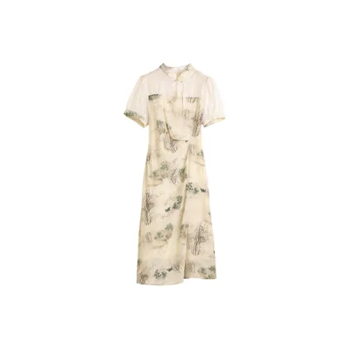 Hang Yi Court Short-Sleeved Dresses Women's Apricot