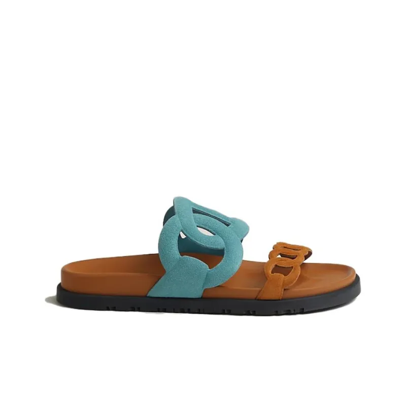 HERMES Extra Slide Slippers Women's Blue Brown-1
