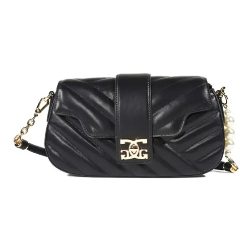 COOGI Cow Leather Decoration Pearl Detachable Adjustable Shoulder Strap Shoulder Bag, Crossbody Bag Women's Black/Ecru