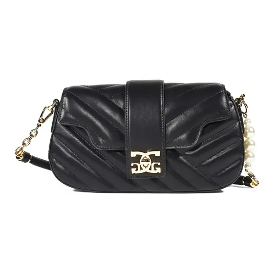 COOGI Cow Leather Decoration Pearl Detachable Adjustable Shoulder Strap Shoulder Bag, Crossbody Bag Women's Black/Ecru-0