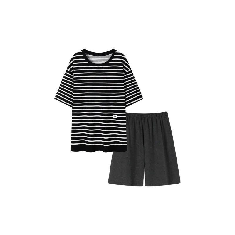 Qiao Ni Tong Pajama Set Men's Black White Stripes-0