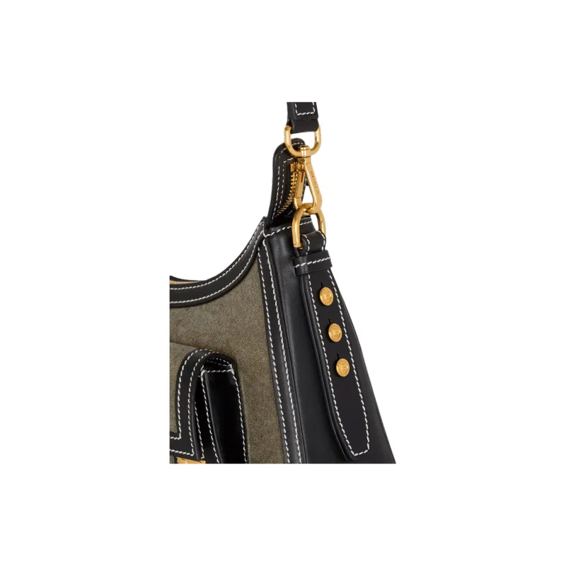 BALMAIN B BUZZ Leather Paneled Canvas Hobo Bag Handbag Shoulder Bag Women's Khaki-5