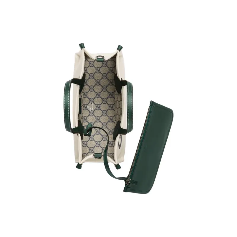 GUCCI Cotton Linen And Canvas Canvas Bag Tote Bag Shopping Bag Handbag Small Size Women's Beige & Green-7