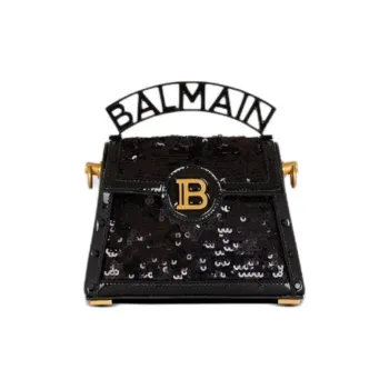 BALMAIN B BUZZ Sequined Patent Leather Shoulder Bag, Crossbody Bag Small Size Women's Black
