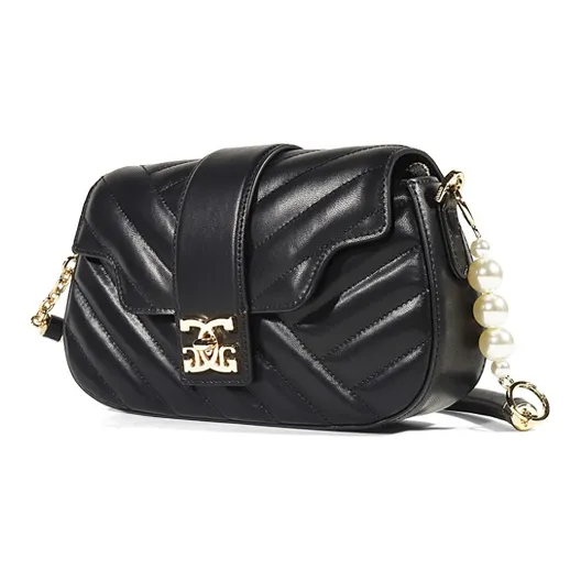 COOGI Cow Leather Decoration Pearl Detachable Adjustable Shoulder Strap Shoulder Bag, Crossbody Bag Women's Black/Ecru-1