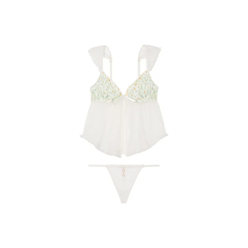 Victoria's Secret Daisy Chain Embroidery Flyaway Babydoll Set/CW Pajama Set Women's Coconut White-0