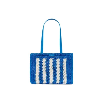 Kate Spade Hookwoven Raffia Tote Bag Shopping Bag Shoulder Bag Handbag Large Size Women's Blue & White