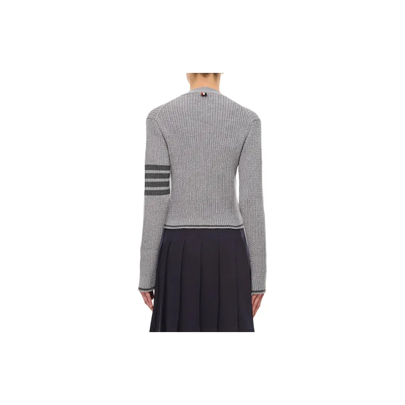 THOM BROWNE V Neck Cropped Cable Knitted Cardigan-3