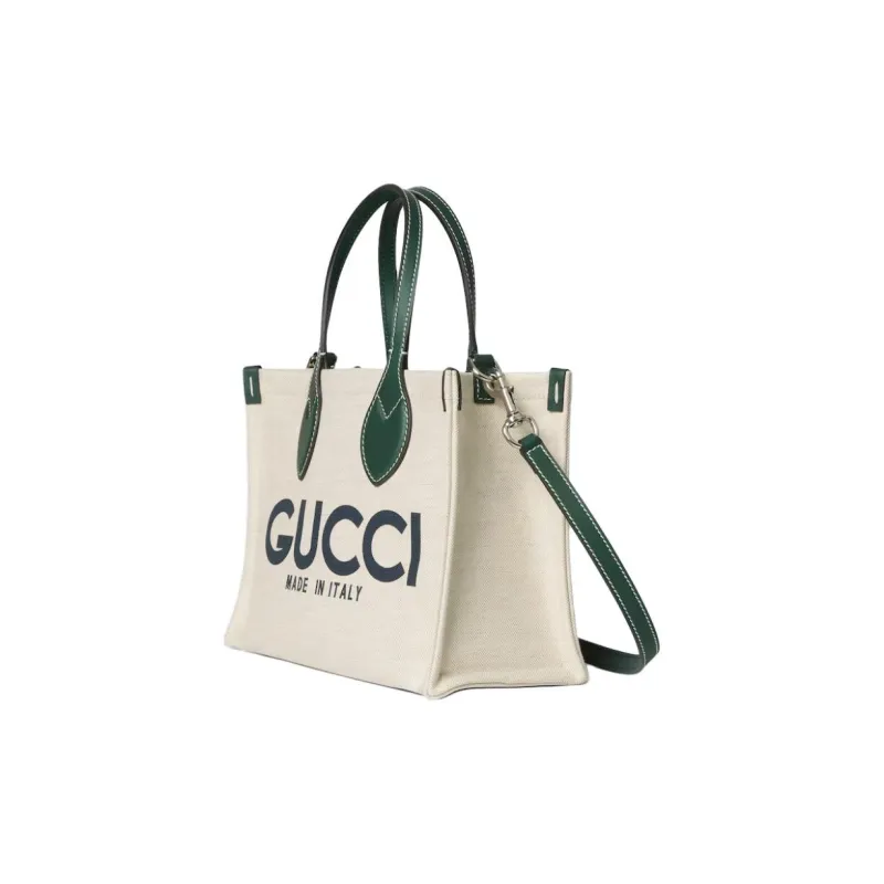 GUCCI Cotton Linen And Canvas Canvas Bag Tote Bag Shopping Bag Handbag Small Size Women's Beige & Green-2