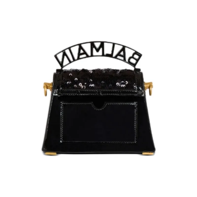 BALMAIN B BUZZ Sequined Patent Leather Shoulder Bag, Crossbody Bag Small Size Women's Black-2