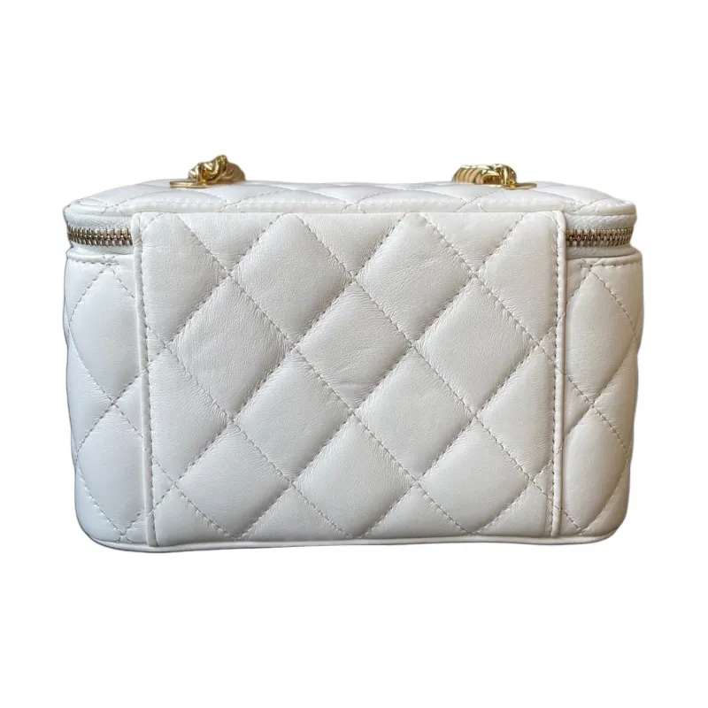 CHANEL Lambskin With Gold Metal Accents Makeup Bags Box Bag Shoulder Bag Crossbody Bag Unisex White-2