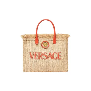 VERSACE La Medusa Straw With Cow Leather Tote Bag, Shopping Bag, Handbag Women's Beige