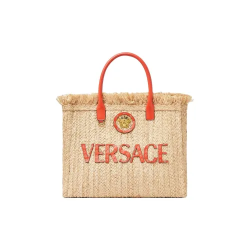 VERSACE La Medusa Straw With Cow Leather Tote Bag, Shopping Bag, Handbag Women's Beige
