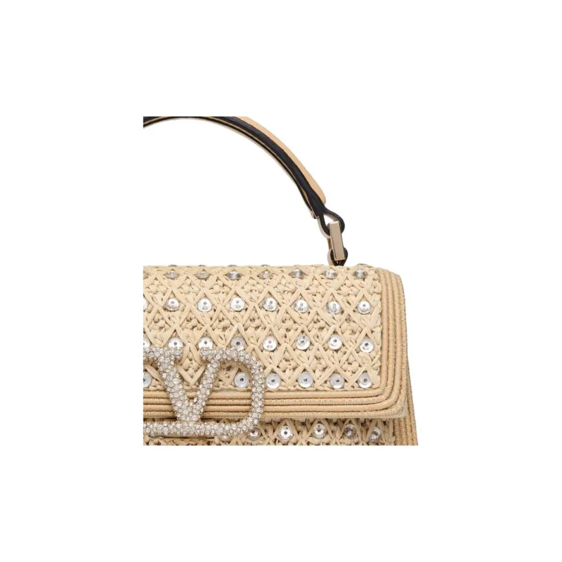 Valentino VSLING Rhinestone Raffia Embroidery Shoulder Bag Crossbody Bag Handbag Women's Beige-6