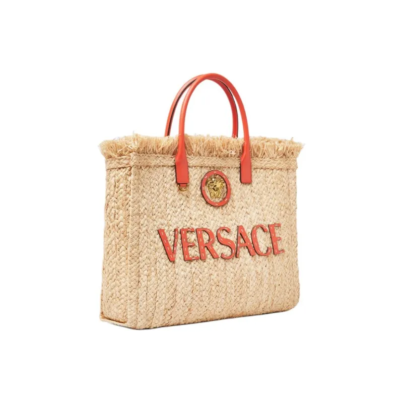 VERSACE La Medusa Straw With Cow Leather Tote Bag, Shopping Bag, Handbag Women's Beige-1