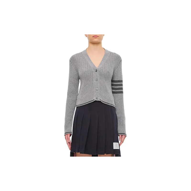 THOM BROWNE V Neck Cropped Cable Knitted Cardigan-2