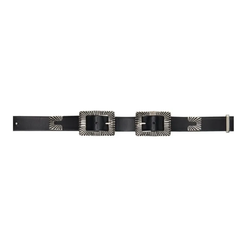 Toga Pulla Double Needle Buckle And Double Snap Closure Leather Belts Women's Black Width Approximately 2.5cm-0