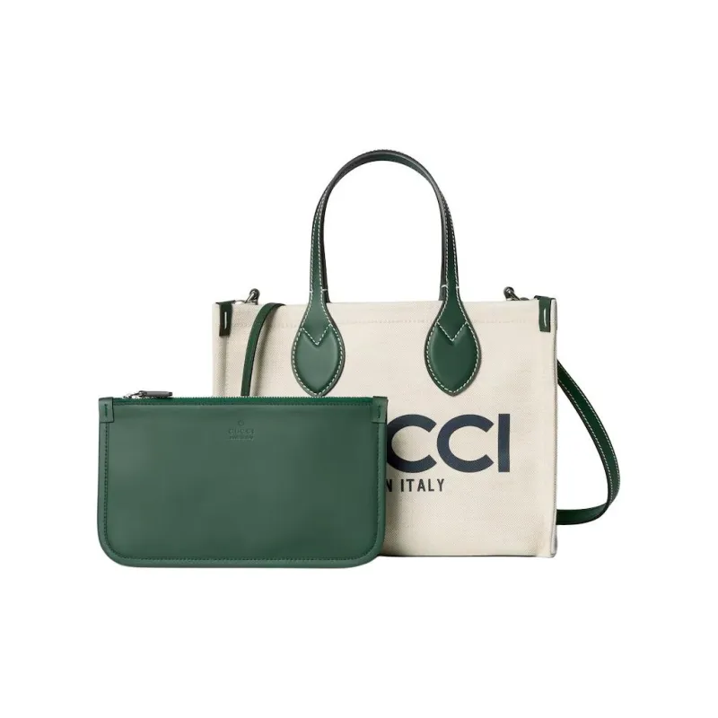 GUCCI Cotton Linen And Canvas Canvas Bag Tote Bag Shopping Bag Handbag Small Size Women's Beige & Green-1