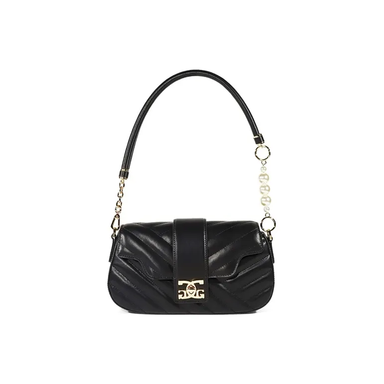 COOGI Cow Leather Decoration Pearl Detachable Adjustable Shoulder Strap Shoulder Bag, Crossbody Bag Women's Black/Ecru-4