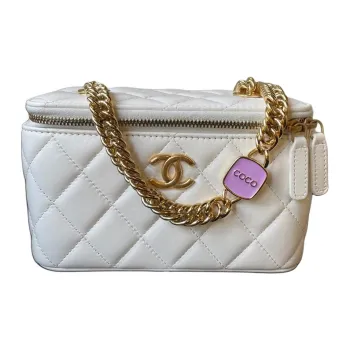 CHANEL Lambskin With Gold Metal Accents Makeup Bags Box Bag Shoulder Bag Crossbody Bag Unisex White