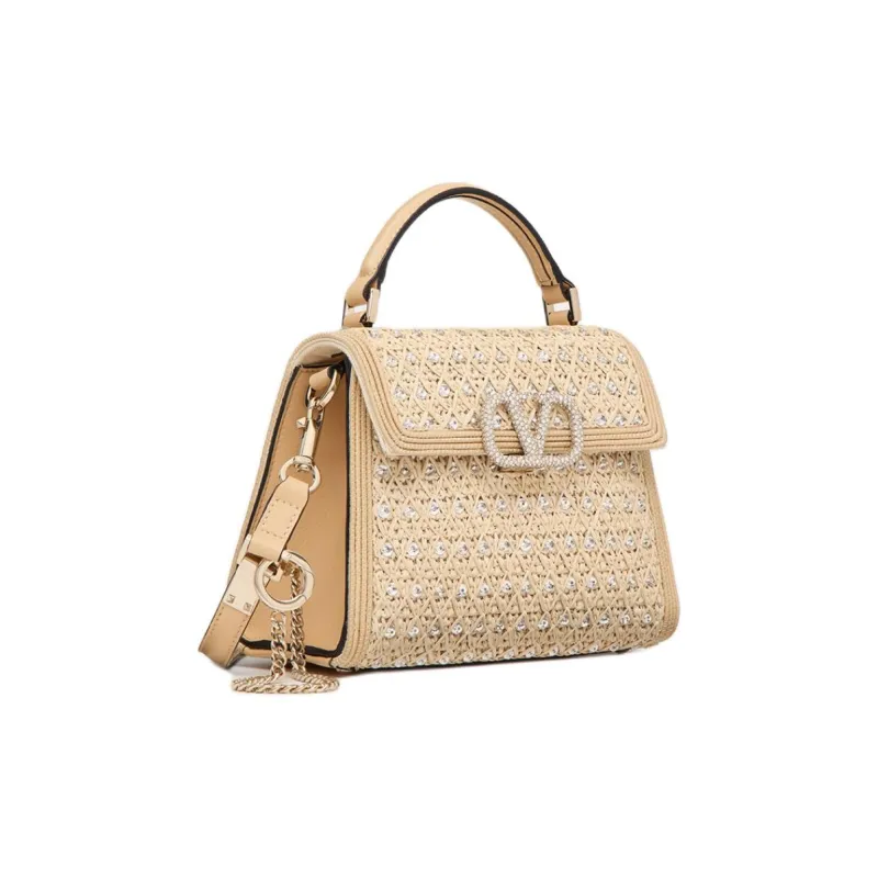 Valentino VSLING Rhinestone Raffia Embroidery Shoulder Bag Crossbody Bag Handbag Women's Beige-1