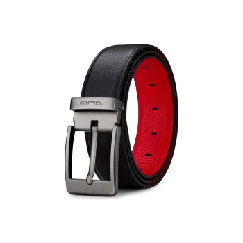WilliamPOLO Cow Leather Belt Men's Silver Buckle With Black Outer And Red Inner Strap 3.7cm Width
