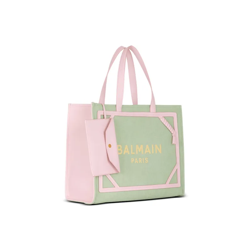 BALMAIN B-ARMY Canvas With Leather Canvas Bag Tote Bag Shopping Bag Handbag Medium Size Women's Green/Pink-1