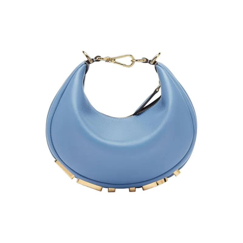 FENDI Fendigraphy Soft Leather Hobo Bag, Crescent Bag, Wrist Bag Mini Women's Light Blue-0