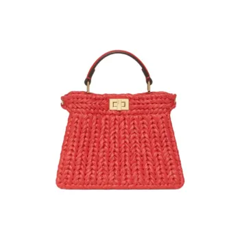 FENDI Leather Patchwork With Raffia Shoulder Bag Crossbody Bag Handbag Women's Red