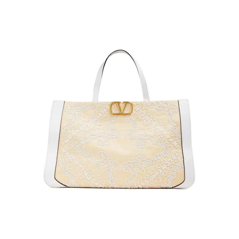Valentino Vlogo Canvas With Leather Trim Canvas Bag Tote Bag Shopping Bag Handbag Women's Sand-0