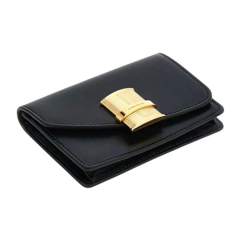 FERRAGAMO Palmellato Calfskin Card Holder Women's Black-1