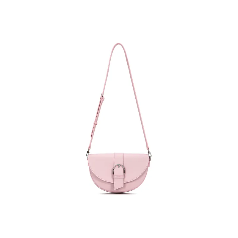 FERIA Cow Leather Saddle Bag, Portable Crossbody Bag, Shoulder Bag Medium Size Women's Pink/Black-4