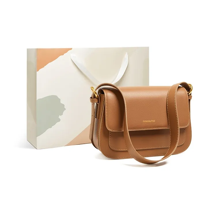15 MINS Cow Leather Patchwork Synthetic Leather Crossbody Bag Women's Ecru/Midnight Black/Caramel Brown-10