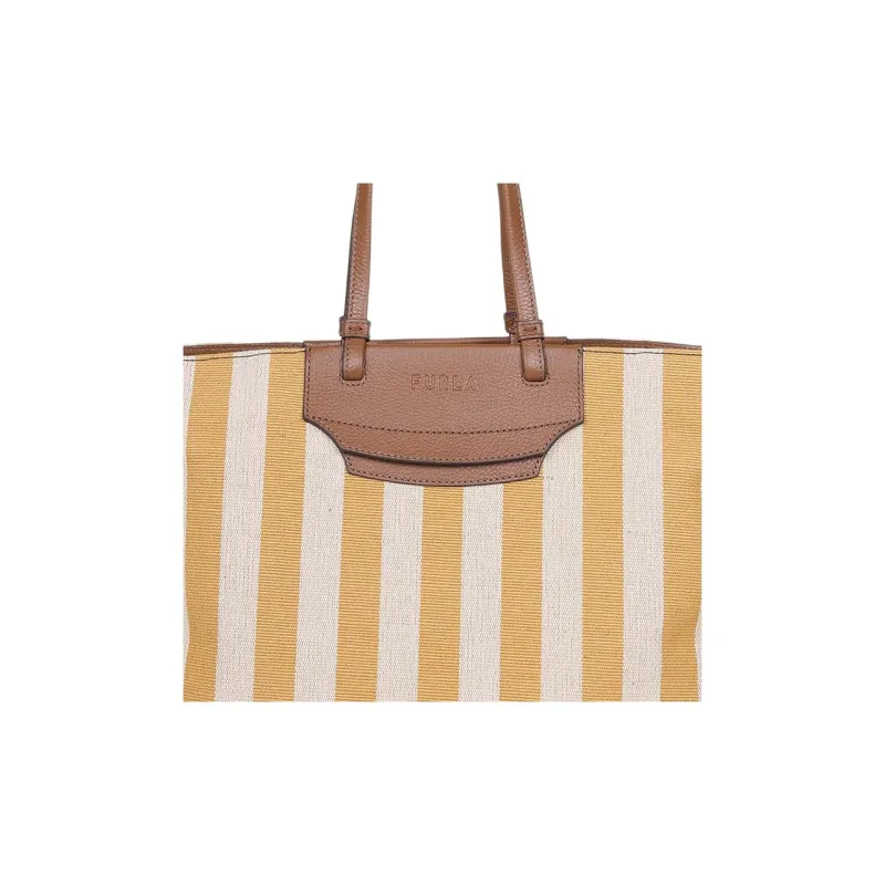 Furla Meraviglia Leather Trim Tote Bag Shopping Bag Handbag Medium Size Women's Cream Multicolor With Brown And Yellow-4