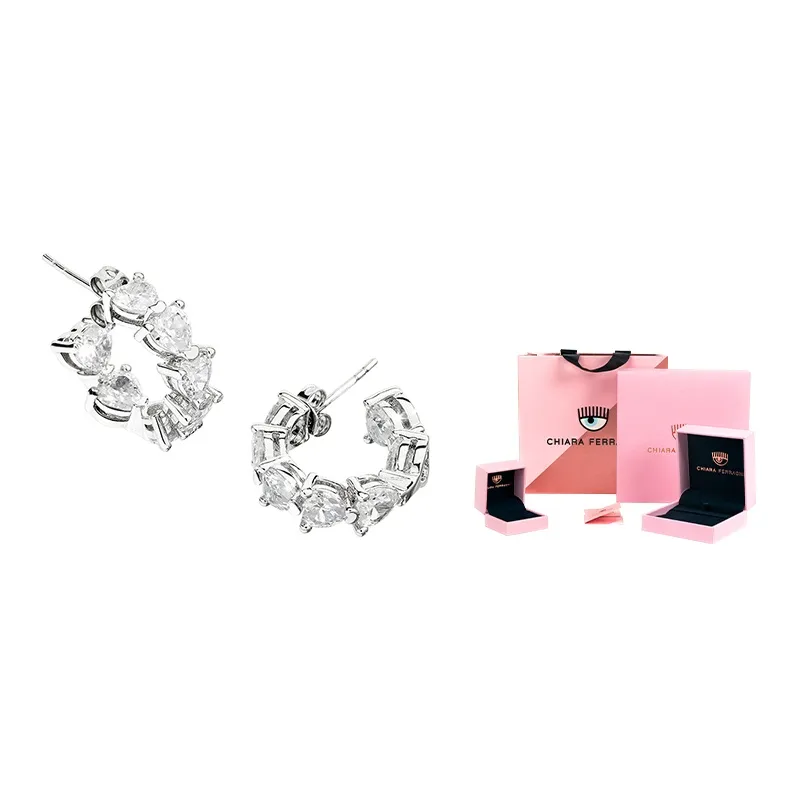 CHIARA FERRAGNI Zircon, Rhinestones, 18K Gold Plating Italian Luxury Hoop Earrings Women's Silver-1