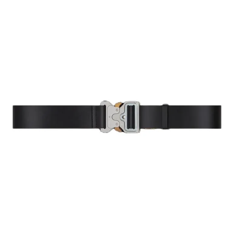 1017 ALYX 9SM Solid Color Interlocking Design Calfskin Aluminum Alloy Leather Belts Men's Black-0