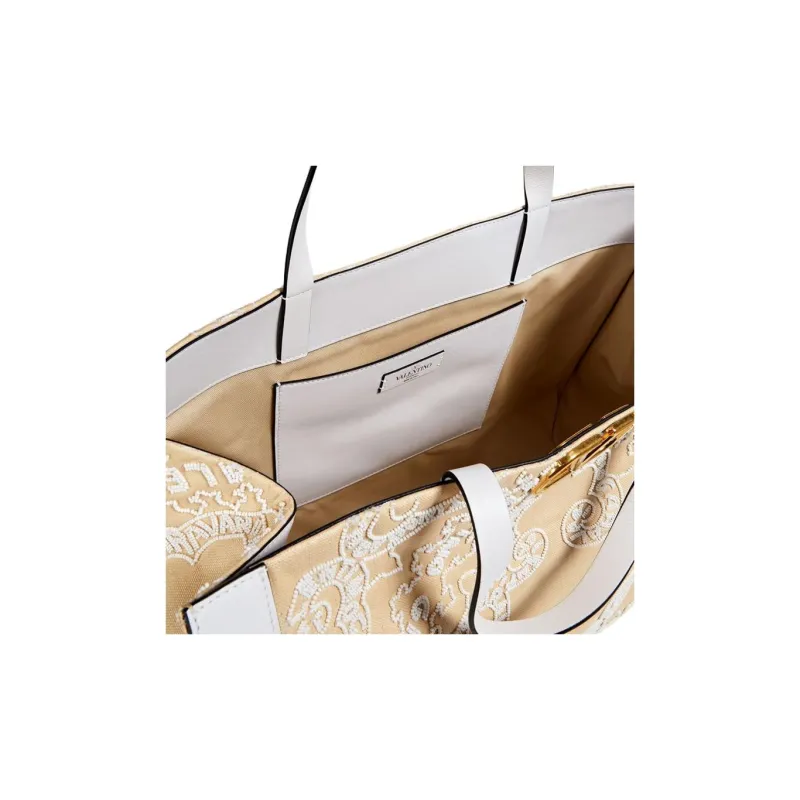 Valentino Vlogo Canvas With Leather Trim Canvas Bag Tote Bag Shopping Bag Handbag Women's Sand-3