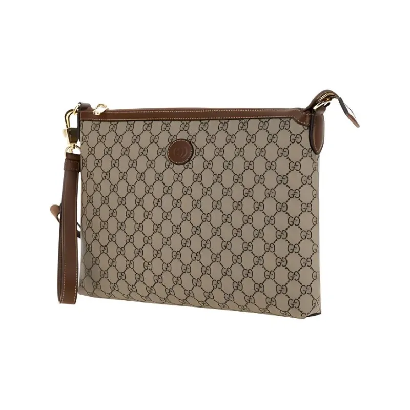 GUCCI PU Polyurethane Polyester Cotton Clutch Men's Brown & Beige-1
