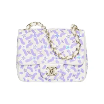 CHANEL Embroidered Silk Satin With Sequins Flap Bag, Crossbody Bag, Shoulder Bag Women's Purple & White