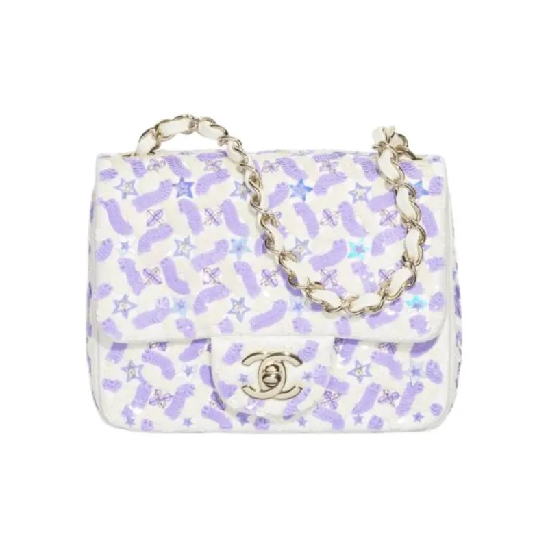 CHANEL Embroidered Silk Satin With Sequins Flap Bag, Crossbody Bag, Shoulder Bag Women's Purple & White-0