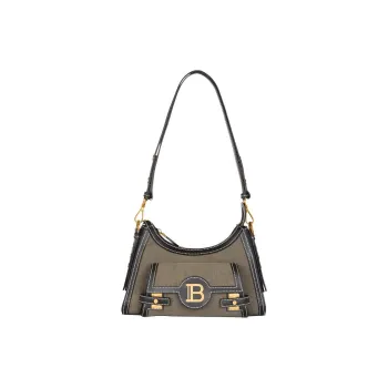 BALMAIN B BUZZ Leather Paneled Canvas Hobo Bag Handbag Shoulder Bag Women's Khaki