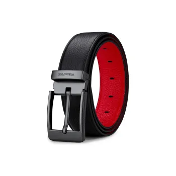 WilliamPOLO Cow Leather Leather Belts Men's Gunmetal Buckle With Black Outer And Red Inner Strap 3.7cm Width