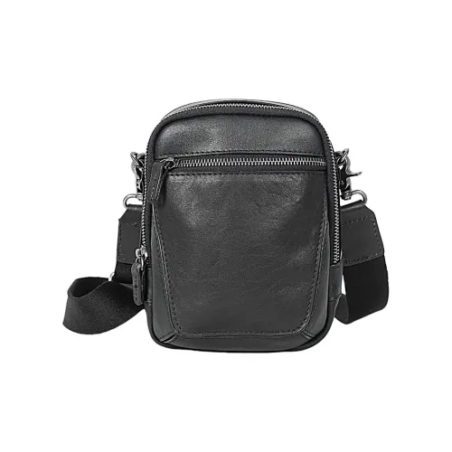 PULUWIRR Top Grain Cow Leather Everyday Casual Shoulder Bag Trendy Regular Men's Black