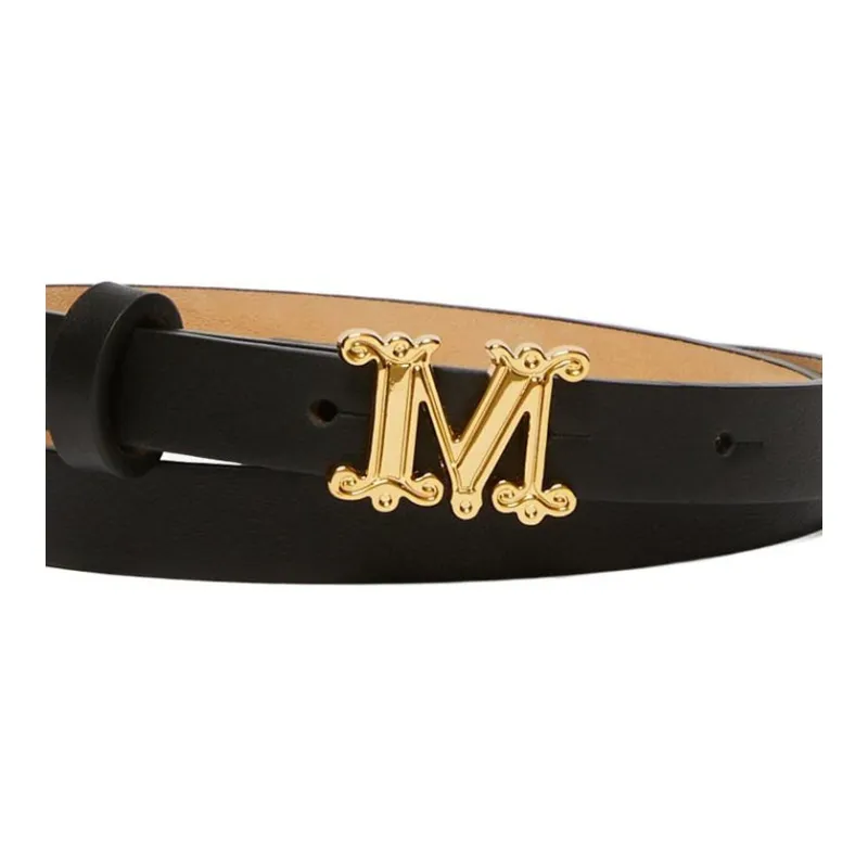 MaxMara Solid Color Design Pin Buckle Leather Belts Women's Black 1.5cm-2