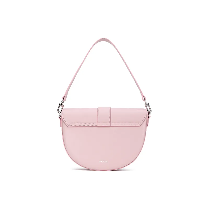 FERIA Cow Leather Saddle Bag, Portable Crossbody Bag, Shoulder Bag Medium Size Women's Pink/Black-3